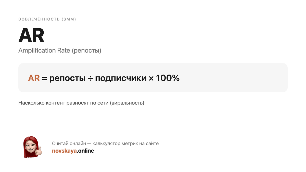 Формула AR (Amplification Rate (репосты)) — маркетинговая метрика, калькулятор на novskaya.online AR формула: репосты ÷ подписчики × 100% — как посчитать Amplification Rate (репосты). Калькулятор метрик на novskaya.online
