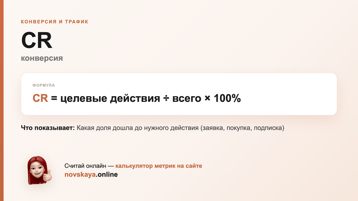 Формула CR (конверсия) — маркетинговая метрика, калькулятор на novskaya.online CR формула: целевые действия ÷ всего × 100% — как посчитать конверсия. Калькулятор метрик на novskaya.online