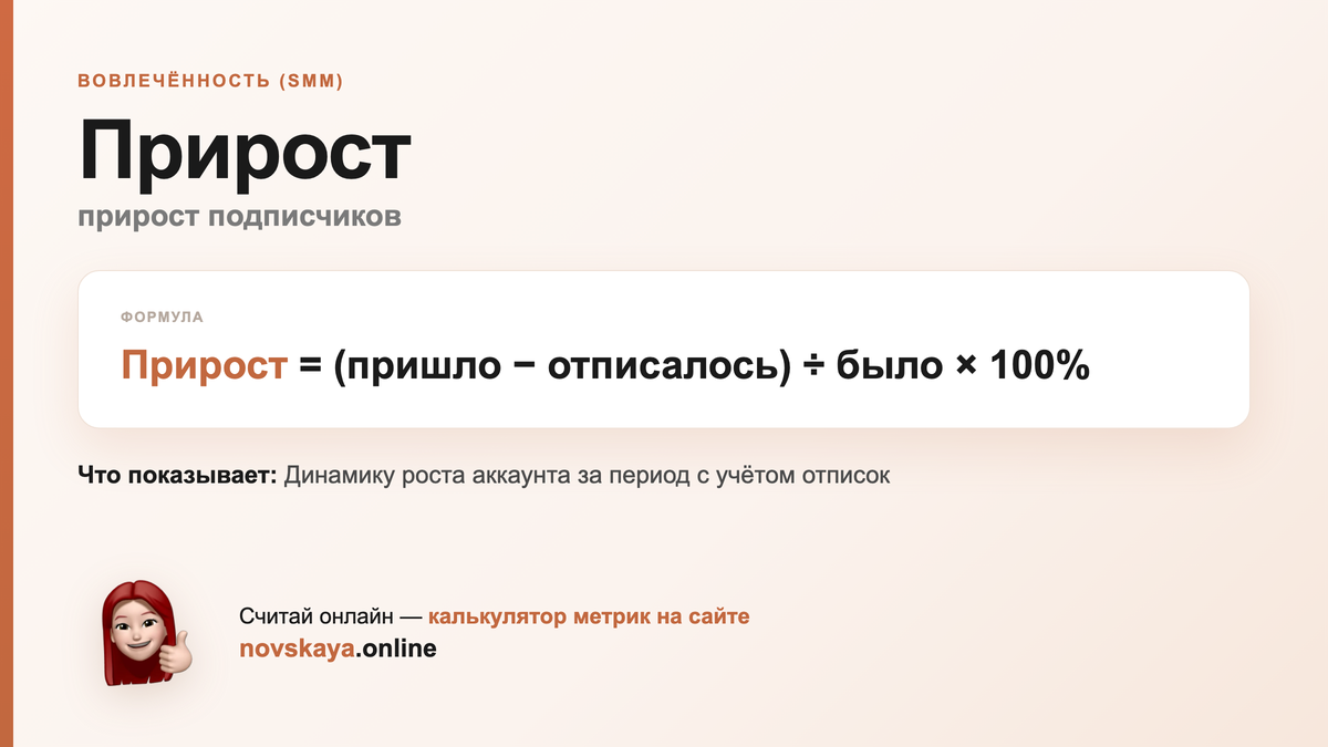 Прирост формула: (пришло − отписалось) ÷ было × 100% — как посчитать прирост подписчиков. Калькулятор метрик на novskaya.online