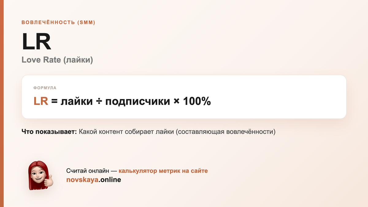 Формула LR (Love Rate (лайки)) — маркетинговая метрика, калькулятор на novskaya.online LR формула: лайки ÷ подписчики × 100% — как посчитать Love Rate (лайки). Калькулятор метрик на novskaya.online