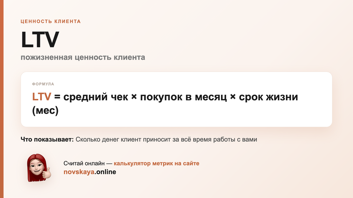 LTV формула: средний чек × покупок в месяц × срок жизни (мес) — как посчитать пожизненная ценность клиента. Калькулятор метрик на novskaya.online
